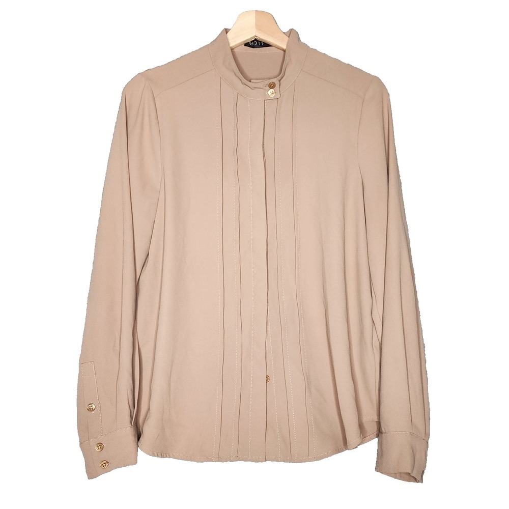 Motf Secretary Pleated Mock Neck Long Sleeve Hidden Button Down Blouse Tan S
